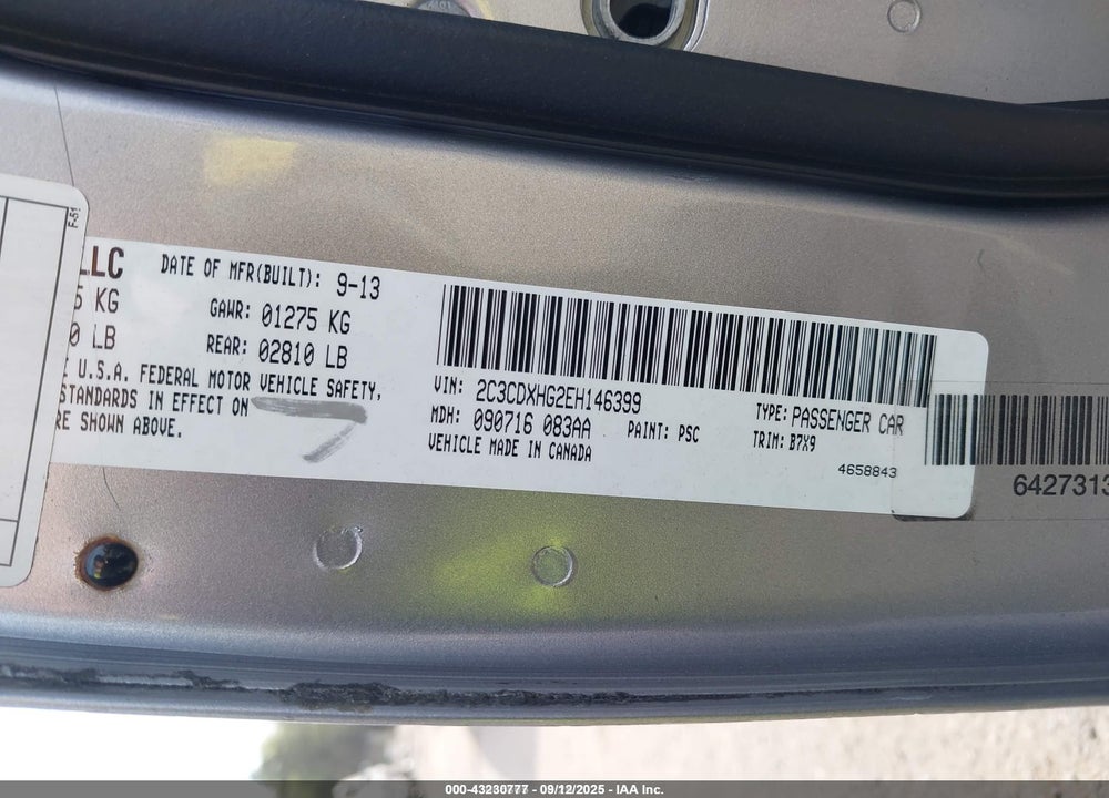 2014 DODGE CHARGER SXT VIN: 2C3CDXHG2EH146399