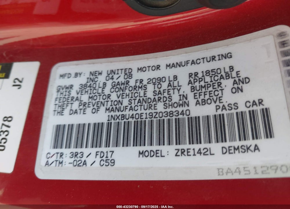 2009 TOYOTA COROLLA S VIN: 1NXBU40E19Z038340