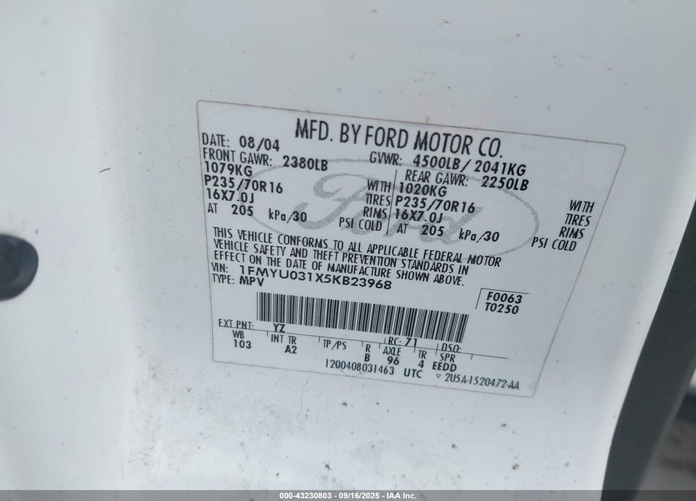 2005 FORD ESCAPE XLT VIN: 1FMYU031X5KB23968