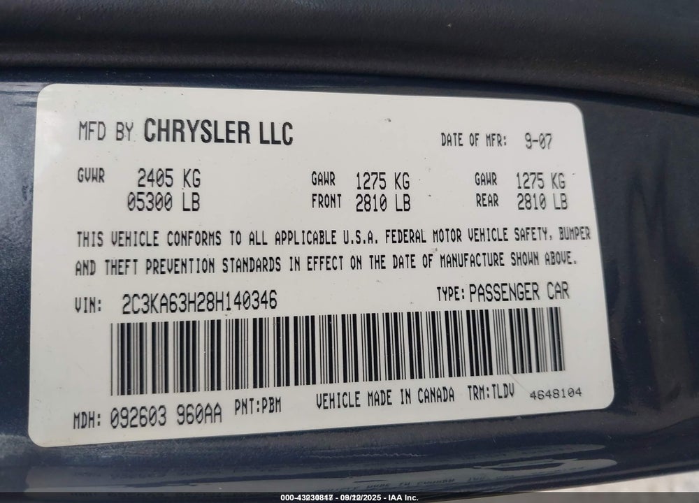 2008 CHRYSLER 300C HEMI VIN: 2C3KA63H28H140346