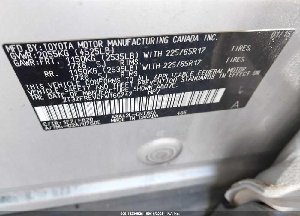 2015 TOYOTA RAV4 LE VIN: 2T3ZFREV0FW166747