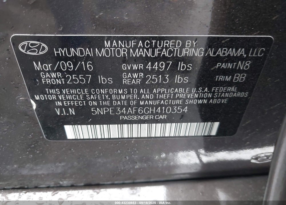 2016 HYUNDAI SONATA VIN: 5NPE34AF6GH410354
