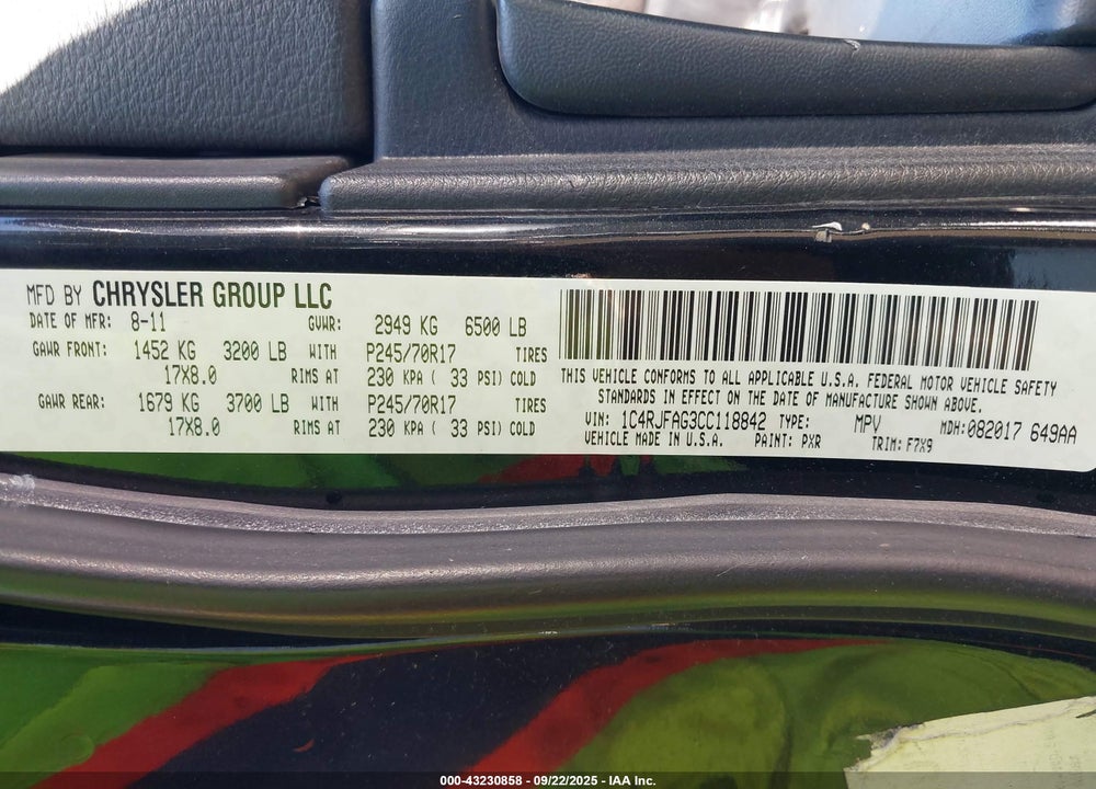 2012 JEEP GRAND CHEROKEE VIN: 1C4RJFAG3CC118842