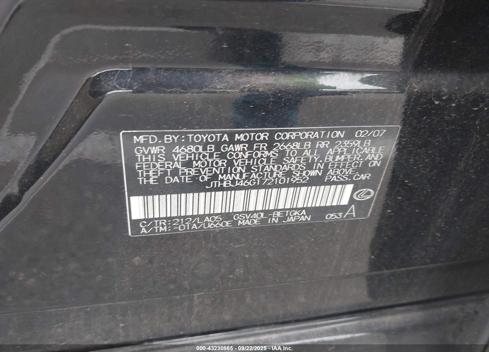 2007 LEXUS ES 350 VIN: JTHBJ46G172101952