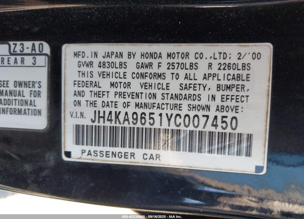 2000 ACURA RL 3.5 VIN: JH4KA9651YC007450