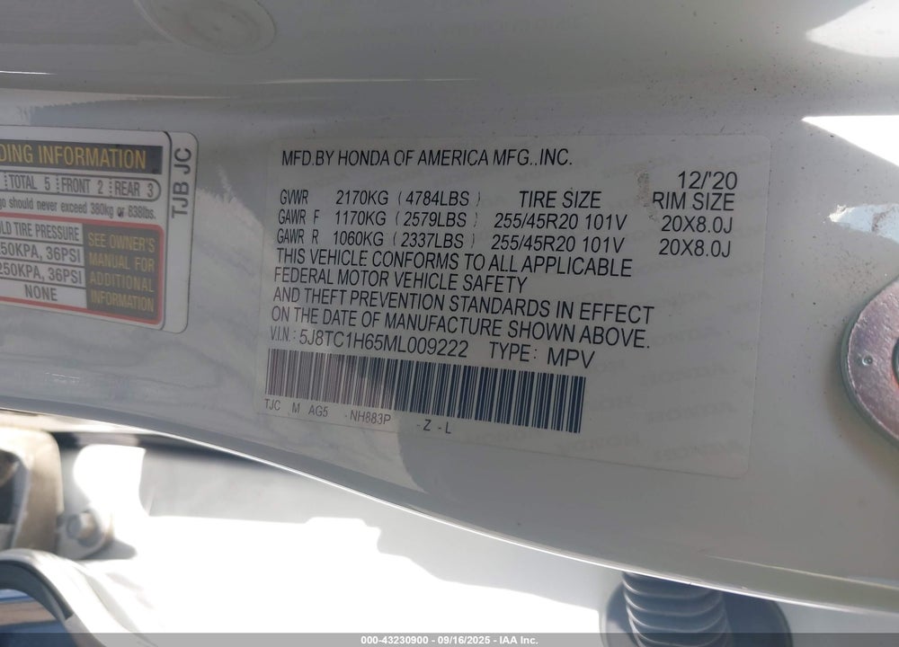 2021 ACURA RDX VIN: 5J8TC1H65ML009222