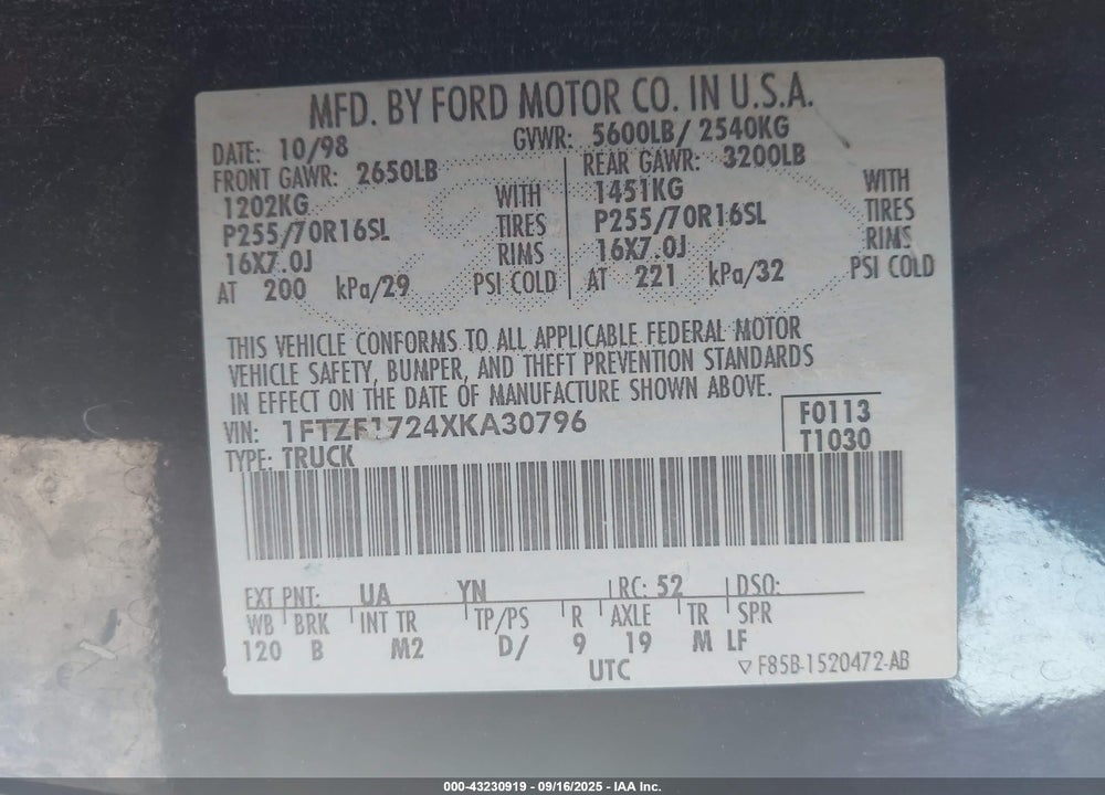 1999 FORD F-150 WORK SERIES/XL/XLT VIN: 1FTZF1724XKA30796