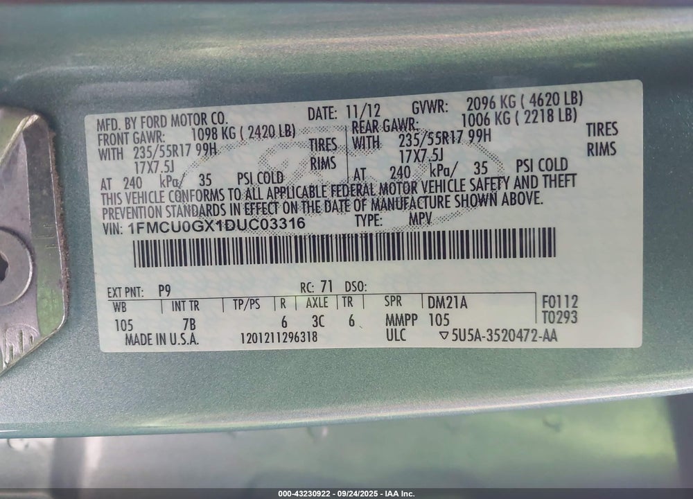 2013 FORD ESCAPE SE VIN: 1FMCU0GX1DUC03316
