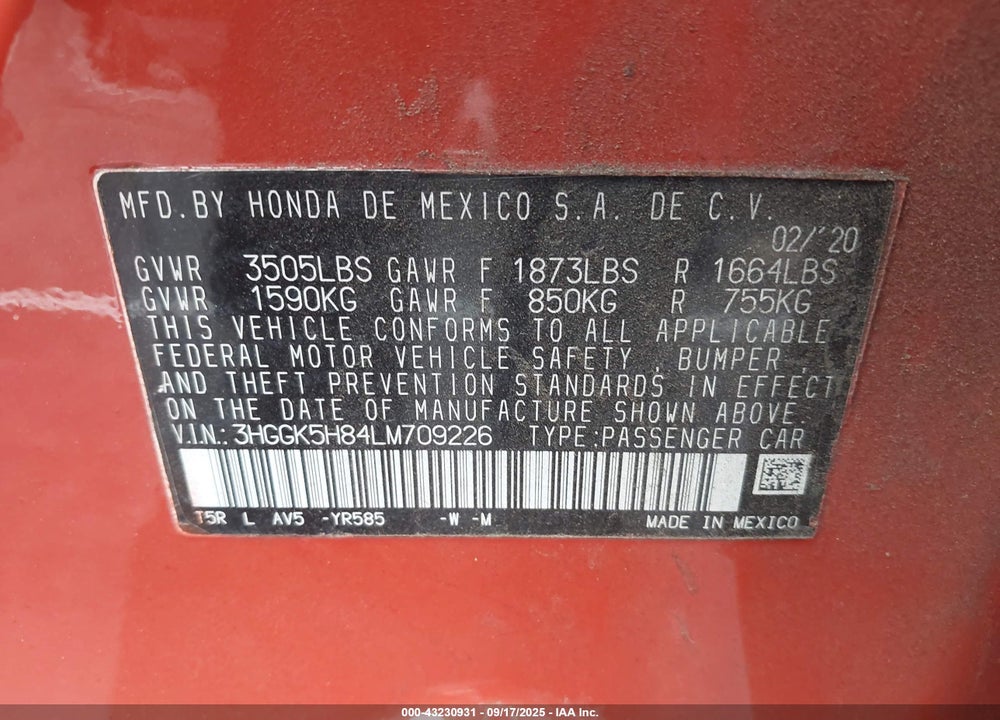 2020 HONDA FIT VIN: 3HGGK5H84LM709226