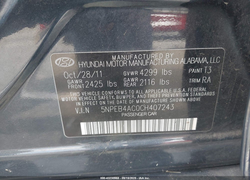 2012 HYUNDAI SONATA GLS PZEV VIN: 5NPEB4AC0CH407243
