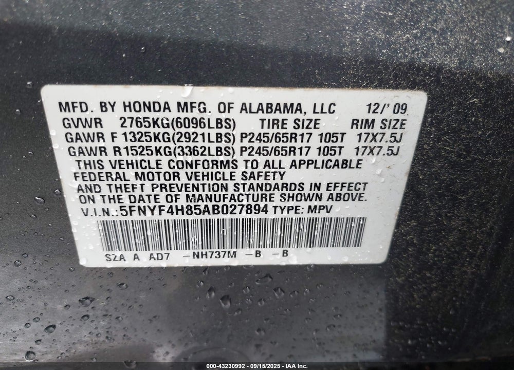 2010 HONDA PILOT VIN: 5FNYF4H85AB027894