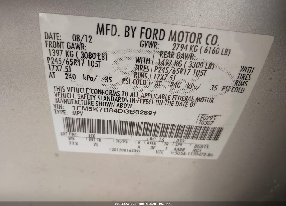 2013 FORD EXPLORER VIN: 1FM5K7B84DGB02891