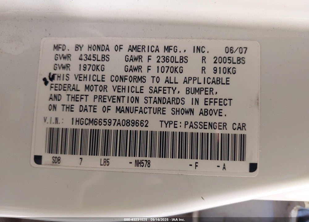 2007 HONDA ACCORD 3.0 EX VIN: 1HGCM66597A089662
