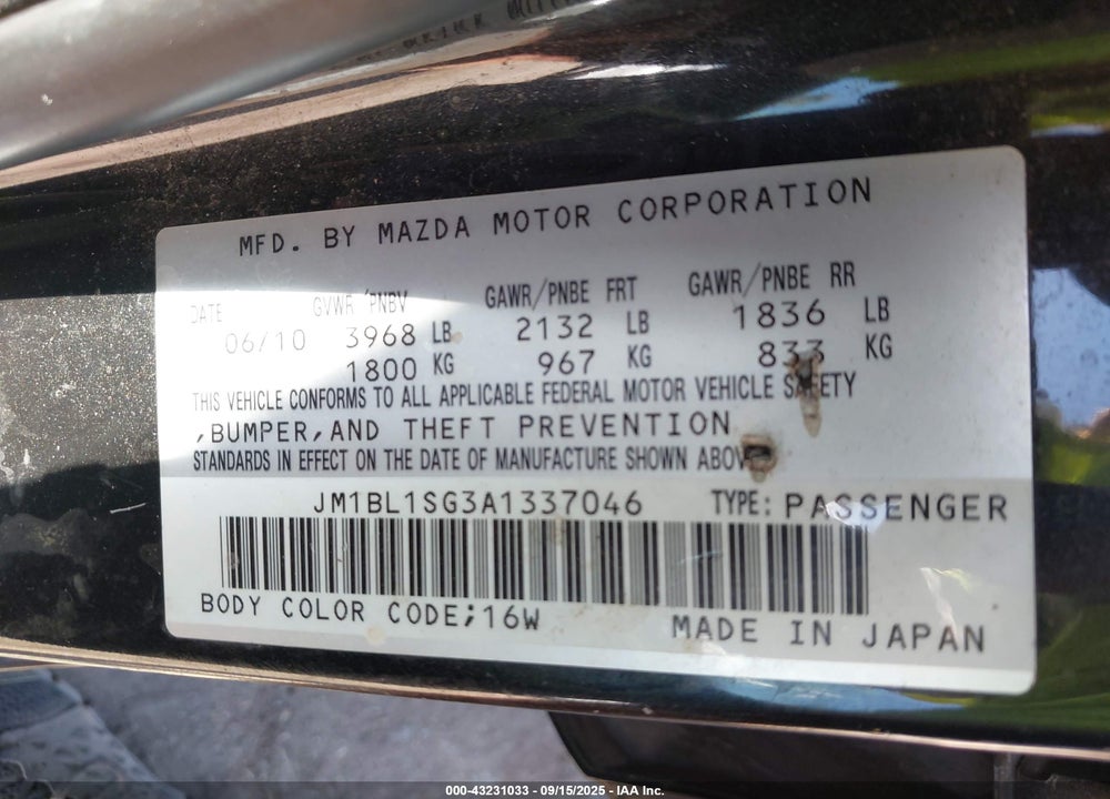2010 MAZDA 3 VIN: JM1BL1SG3A1337046