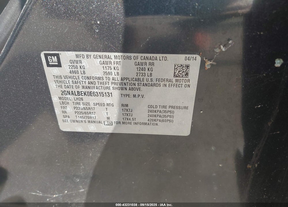 2014 CHEVROLET EQUINOX VIN: 2GNALBEK0E6315131