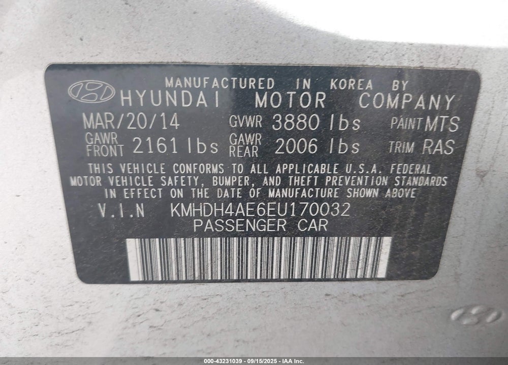 2014 HYUNDAI ELANTRA VIN: KMHDH4AE6EU170032