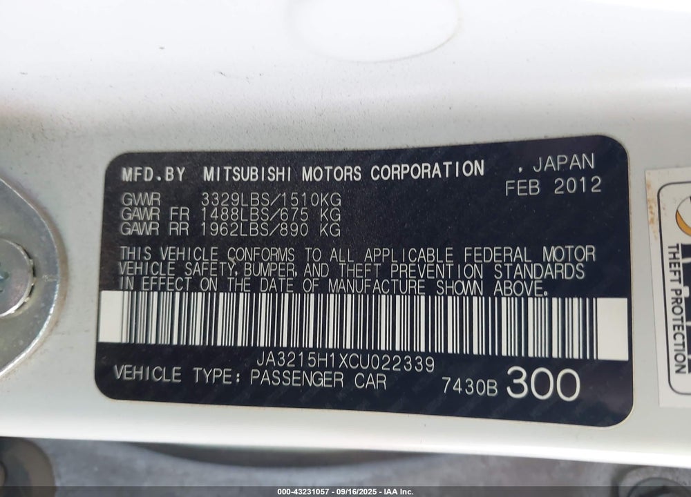 2012 MITSUBISHI I-MIEV ES/SE VIN: JA3215H1XCU022339