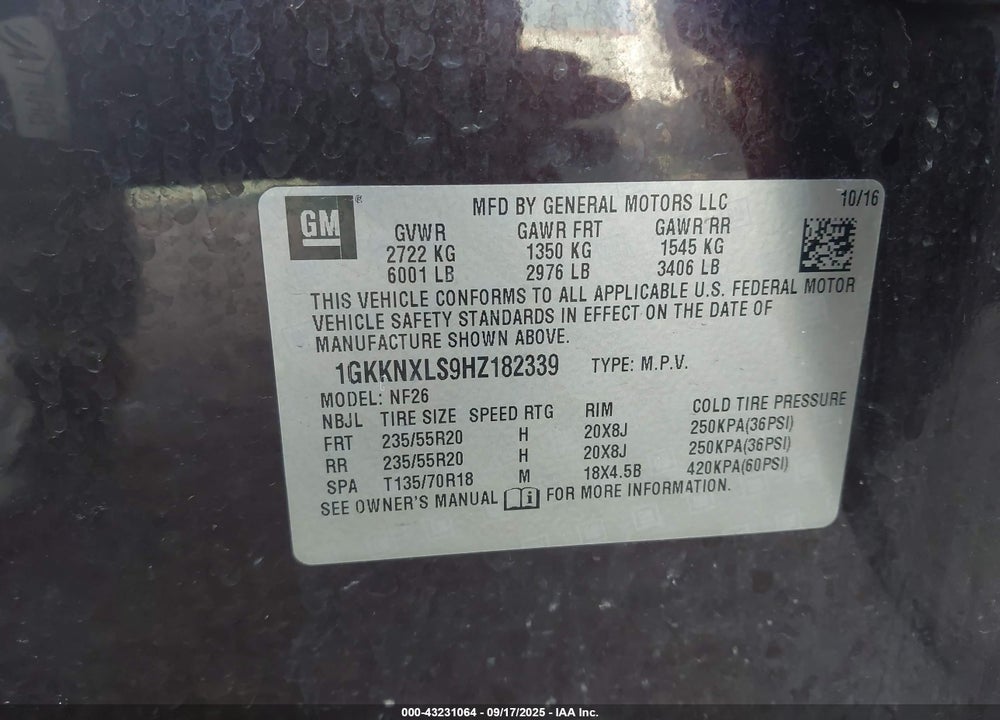 2017 GMC ACADIA VIN: 1GKKNXLS9HZ182339