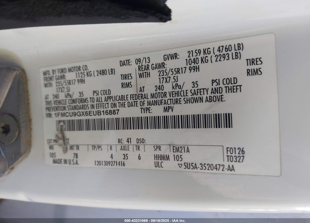 2014 FORD ESCAPE VIN: 1FMCU9GX6EUB16887