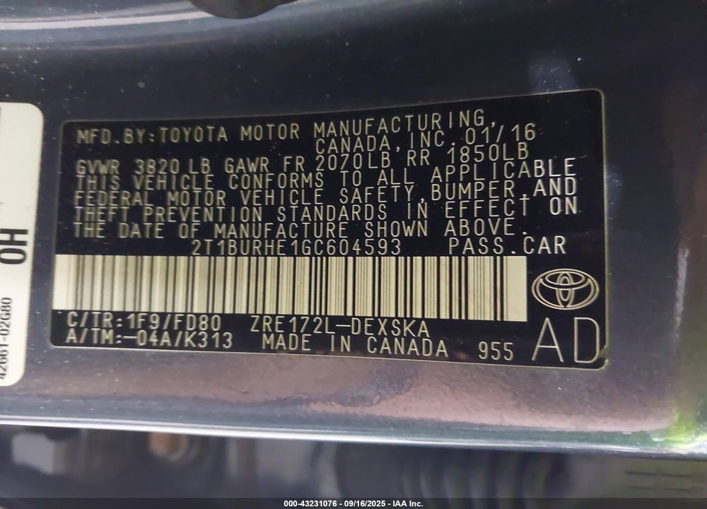 2016 TOYOTA COROLLA VIN: 2T1BURHE1GC604593