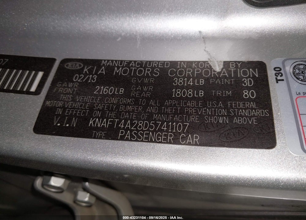 2013 KIA FORTE VIN: KNAFT4A28D5741107