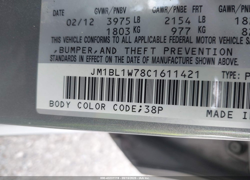 2012 MAZDA 3 VIN: JM1BL1W78C1611421