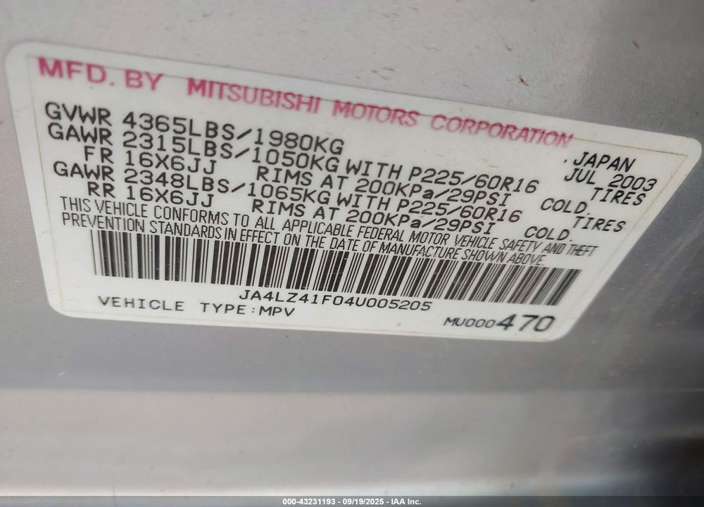 2004 MITSUBISHI OUTLANDER XLS VIN: JA4LZ41F04U005205