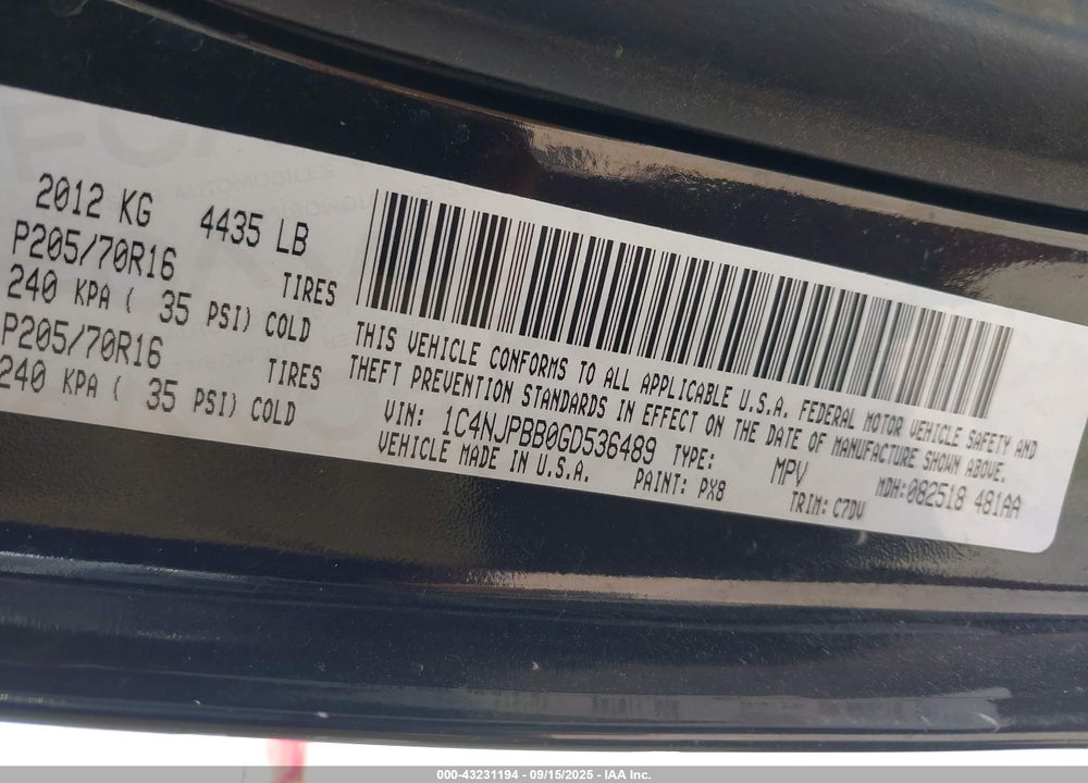 2016 JEEP PATRIOT VIN: 1C4NJPBB0GD536489