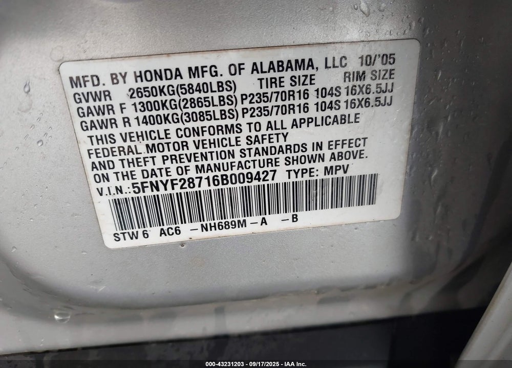 2006 HONDA PILOT EX-L VIN: 5FNYF28716B009427