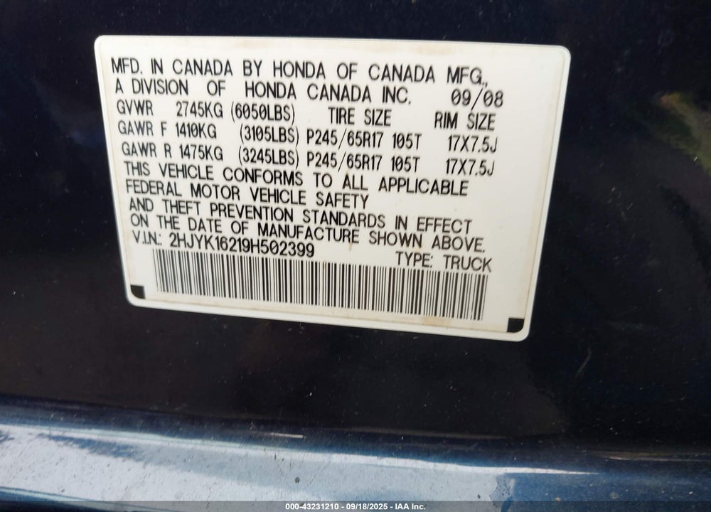 2009 HONDA RIDGELINE VIN: 2HJYK16219H502399