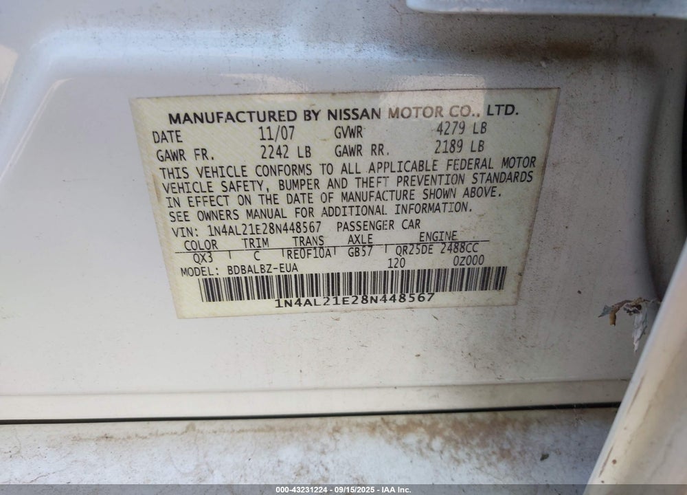 2008 NISSAN ALTIMA 2.5 S VIN: 1N4AL21E28N448567