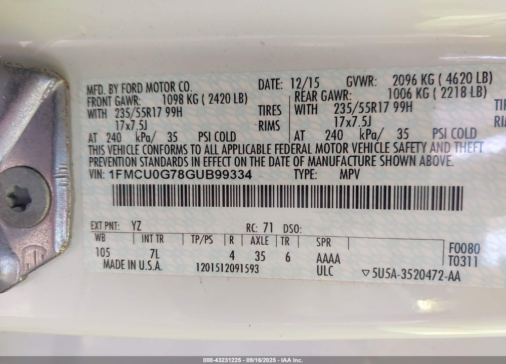 2016 FORD ESCAPE VIN: 1FMCU0G78GUB99334