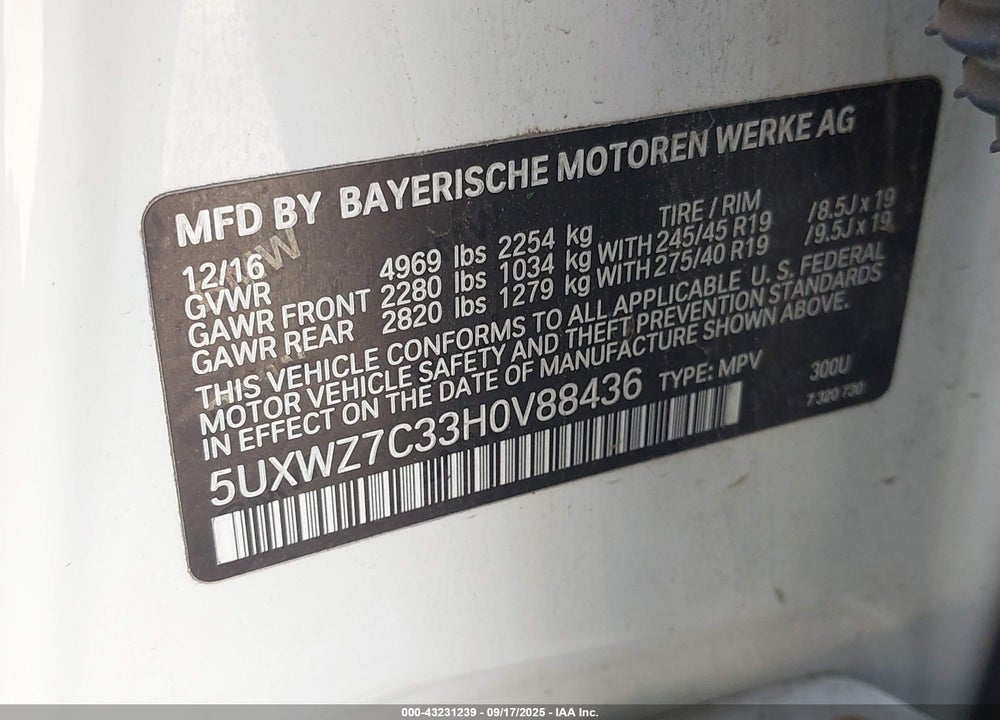 2017 BMW X3 VIN: 5UXWZ7C33H0V88436