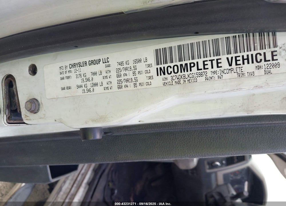 2012 RAM 4500 CHASSIS ST/SLT VIN: 3C7WDKBLXCG159872