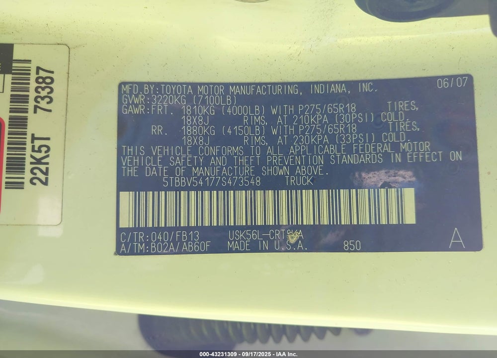 2007 TOYOTA TUNDRA SR5 5.7L V8 VIN: 5TBBV54177S473548