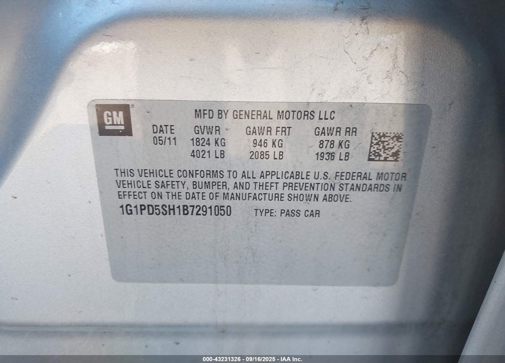2011 CHEVROLET CRUZE VIN: 1G1PD5SH1B7291050