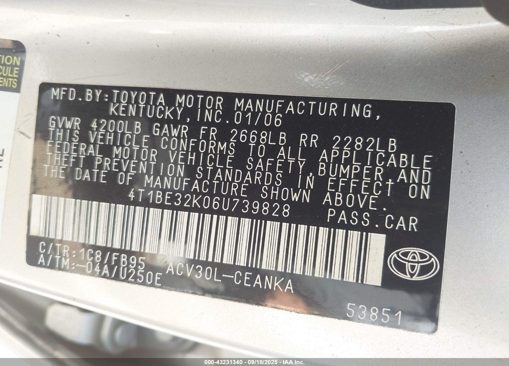 2006 TOYOTA CAMRY LE VIN: 4T1BE32K06U739828