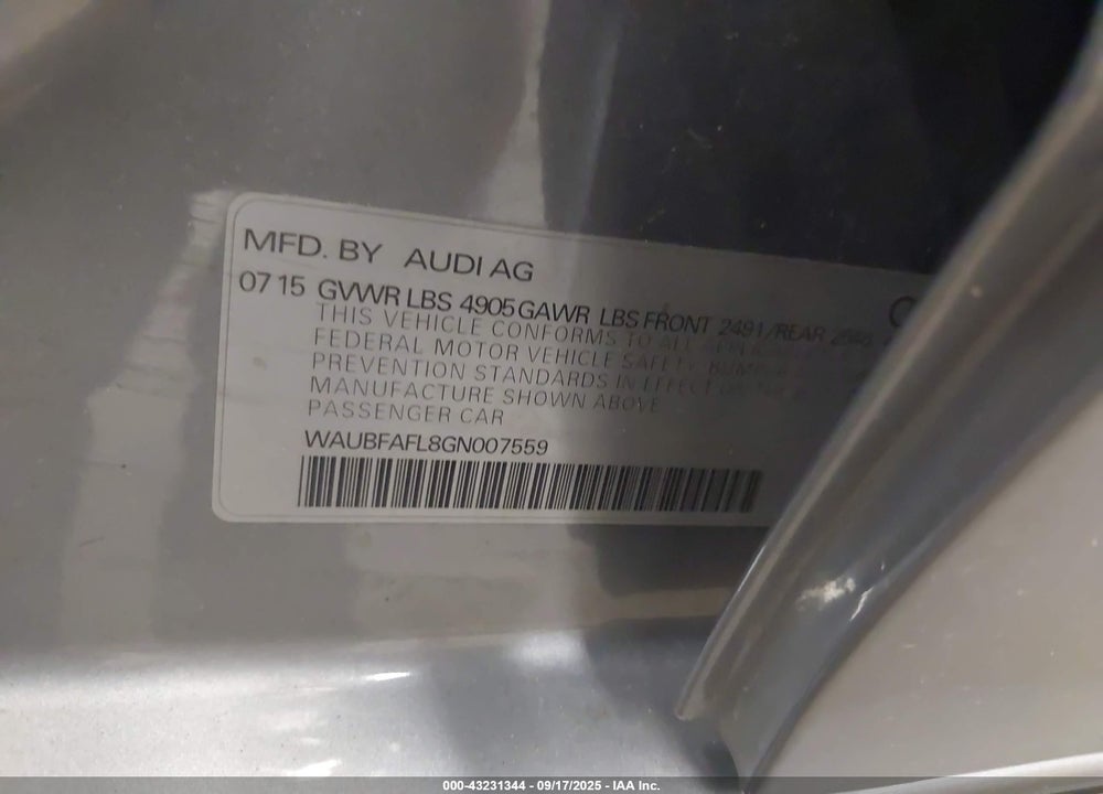 2016 AUDI A4 2.0T PREMIUM VIN: WAUBFAFL8GN007559