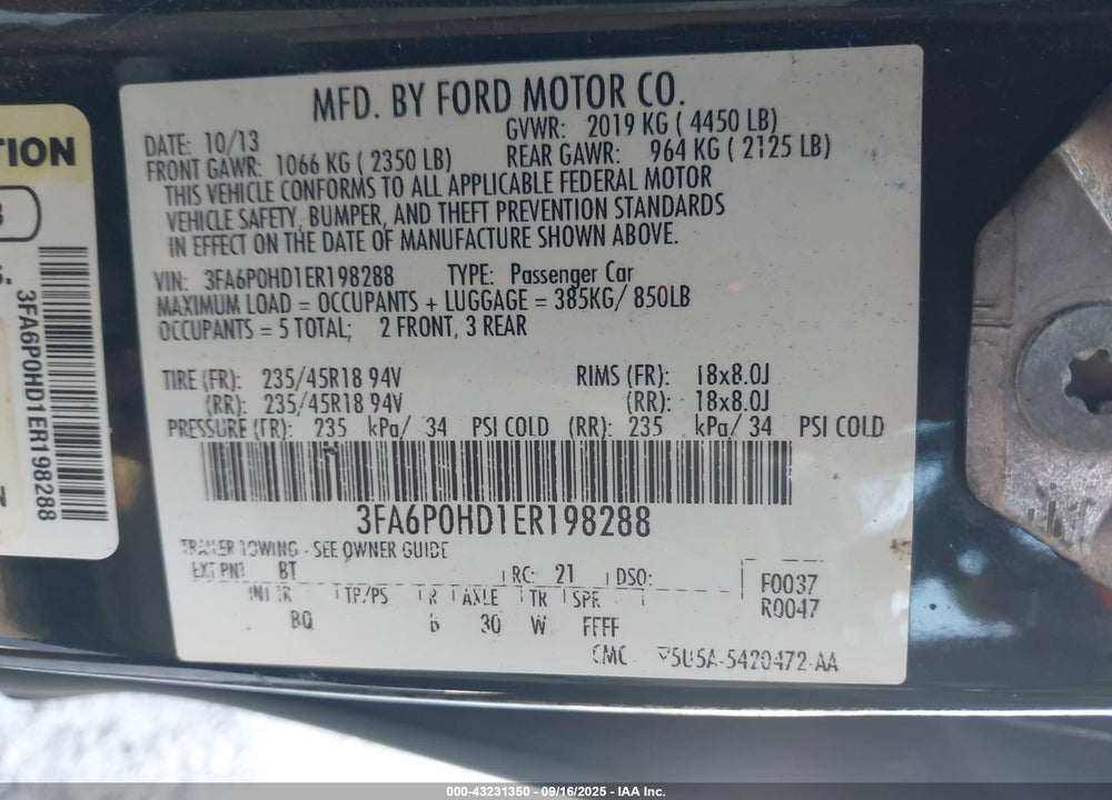 2014 FORD FUSION SE VIN: 3FA6P0HD1ER198288