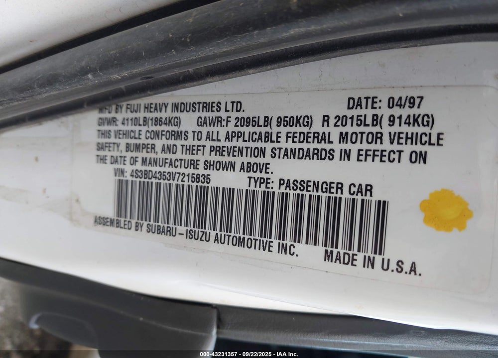 1997 SUBARU LEGACY L VIN: 4S3BD4353V7215835
