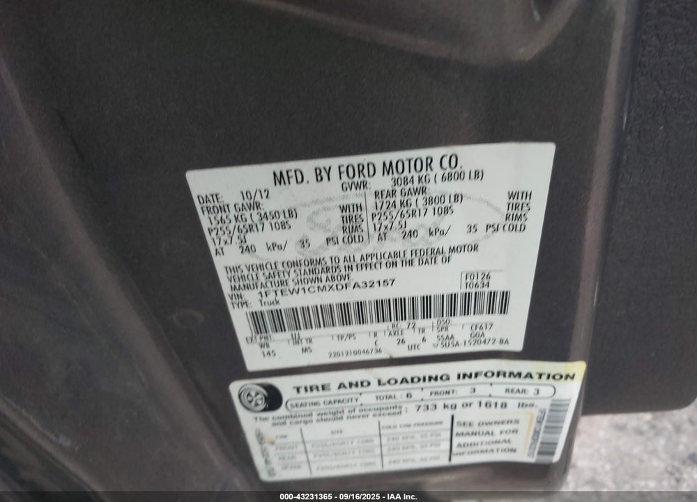 2013 FORD F-150 VIN: 1FTEW1CMXDFA32157