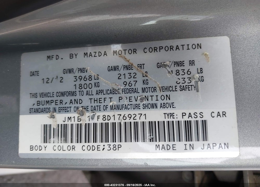 2013 MAZDA 3 I SV VIN: JM1BL1TF8D1769271