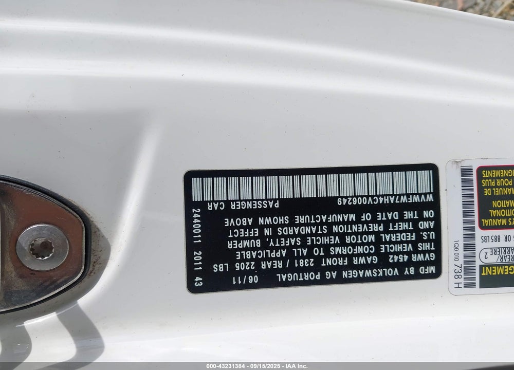 2012 VOLKSWAGEN EOS VIN: WVWFW7AH4CV006249