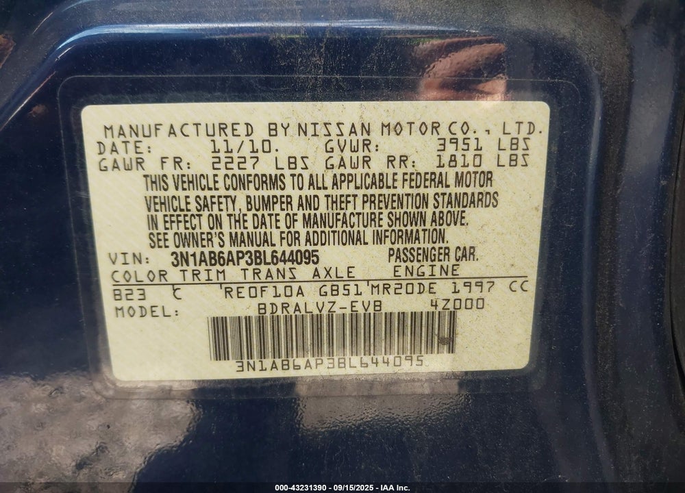 2011 NISSAN SENTRA 2.0SL VIN: 3N1AB6AP3BL644095