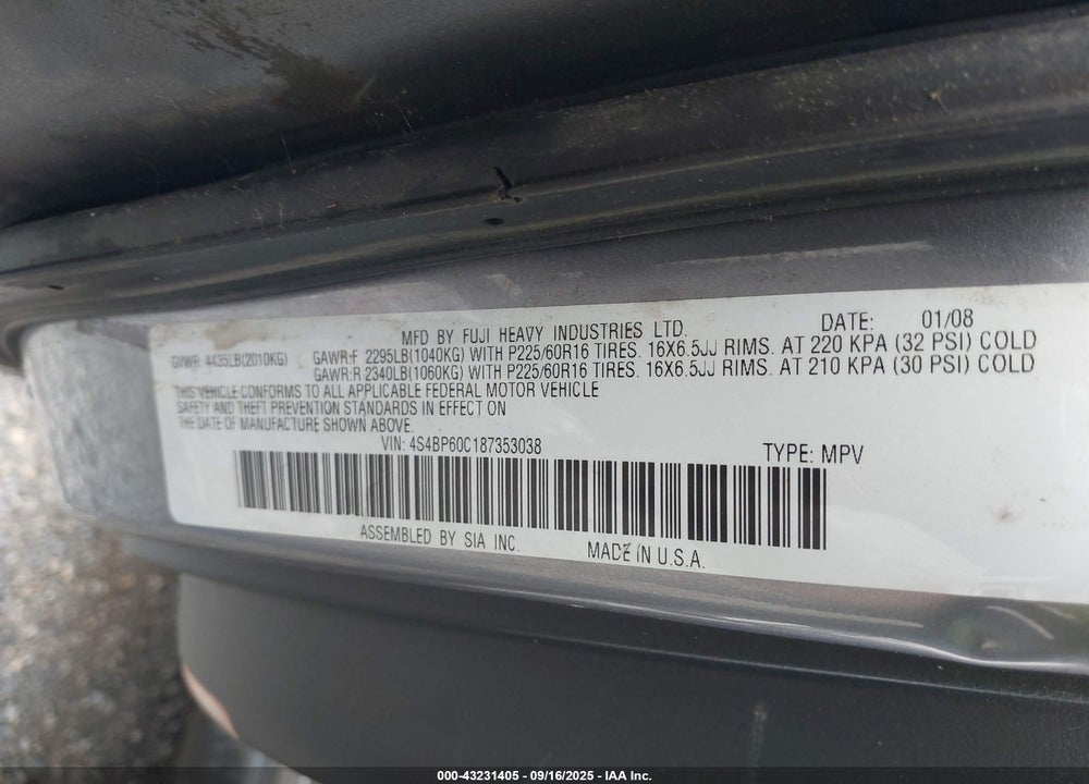 2008 SUBARU OUTBACK VIN: 4S4BP60C187353038