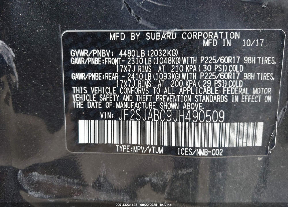 2018 SUBARU FORESTER 2.5I VIN: JF2SJABC9JH490509