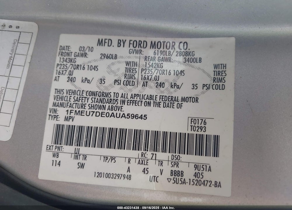 2010 FORD EXPLORER VIN: 1FMEU7DE0AUA59645