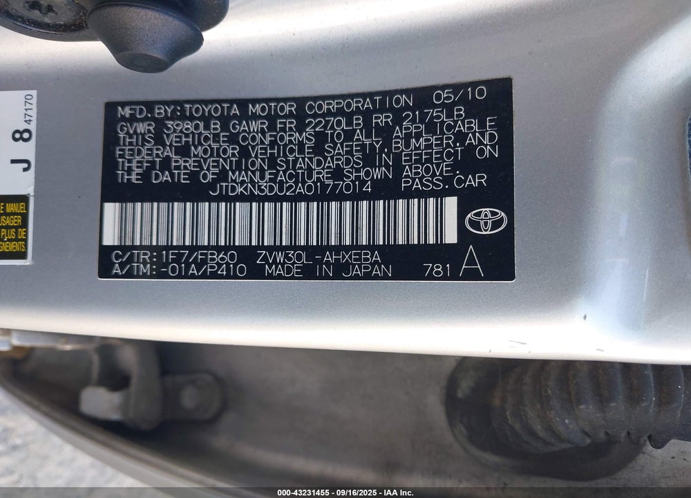 2010 TOYOTA PRIUS VIN: JTDKN3DU2A0177014