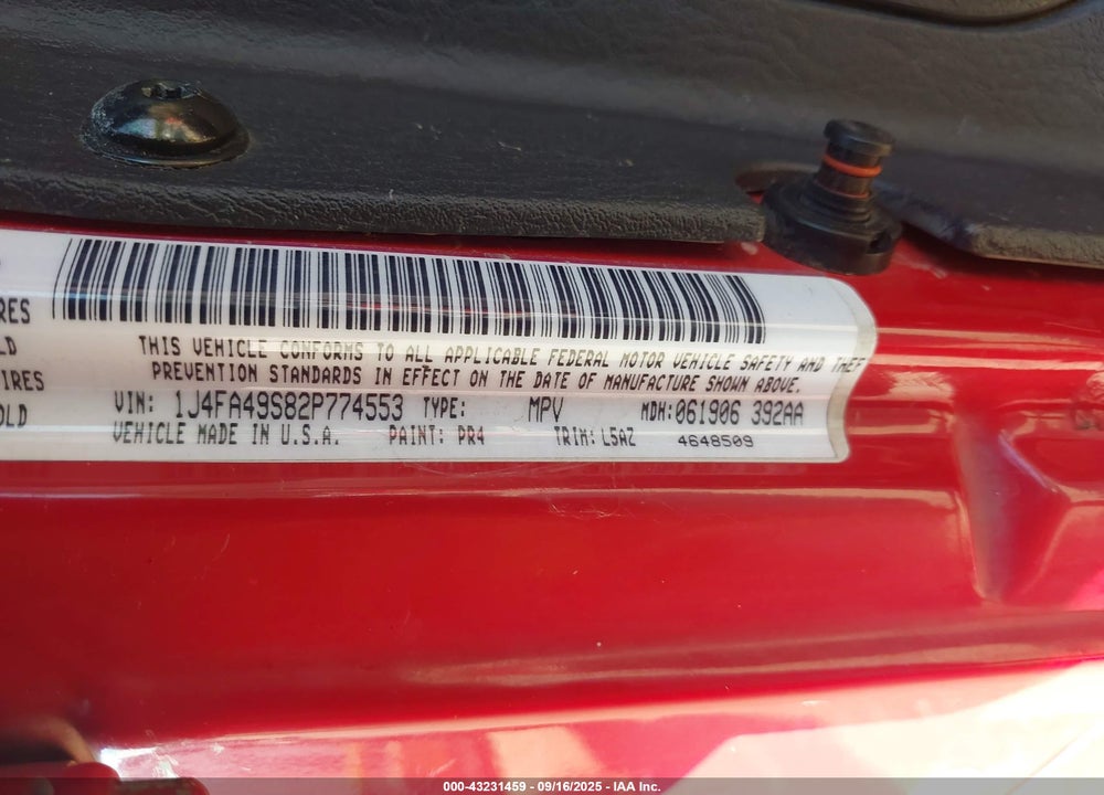 2002 JEEP WRANGLER SPORT VIN: 1J4FA49S82P774553