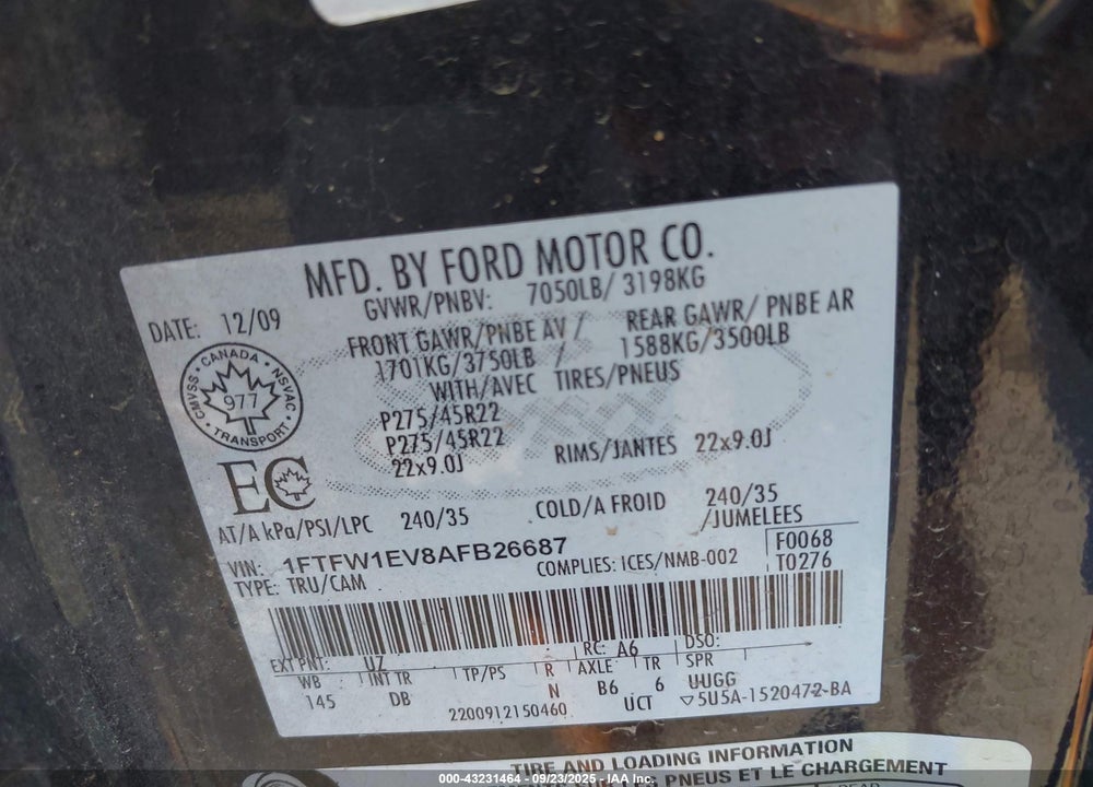 2010 FORD F-150 FX4/HARLEY-DAVIDSON/KING RANCH/LARIAT/PLATINUM/XL/XLT VIN: 1FTFW1EV8AFB26687